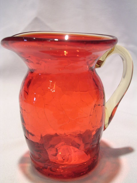 AMBERINA RED TO YELLOW CRACKLE GLASS PITCHER