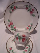 ROYAL MALVERN BONE CHINA PINK THISTLE FLOWER 3 PIECE CUP, SAUCER AND DESERT DISH SET