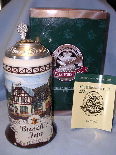 THE ANHEISER BUSCH COLLECTORS CLUB 2002 MEMBERSHIP STEIN BUSCH'S INN 1914 MIB