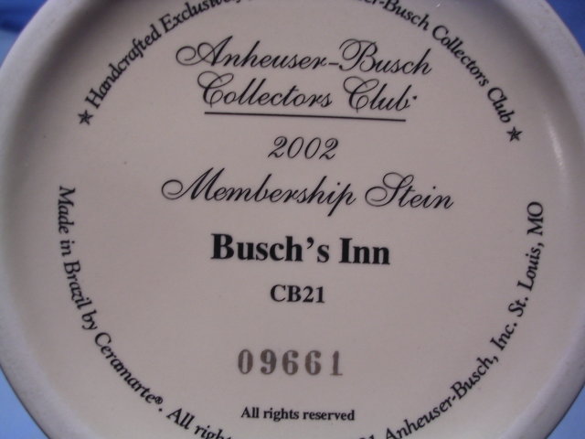 THE ANHEISER BUSCH COLLECTORS CLUB 2002 MEMBERSHIP STEIN BUSCH'S INN 1914 MIB