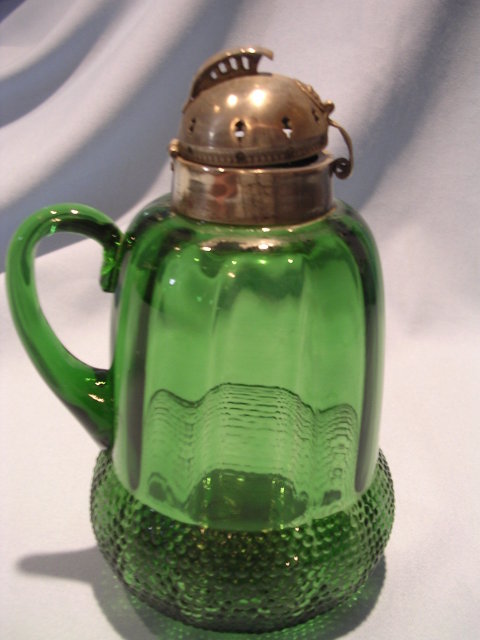 ANTIQUE ACORN GREEN PANEL GLASS SYRUP JUG PITCHER WITH HELMET LID