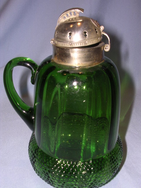 ANTIQUE ACORN GREEN PANEL GLASS SYRUP JUG PITCHER WITH HELMET LID