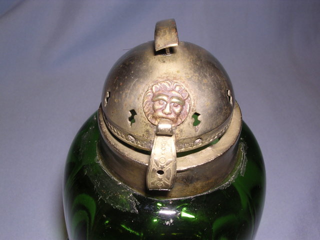 ANTIQUE ACORN GREEN PANEL GLASS SYRUP JUG PITCHER WITH HELMET LID