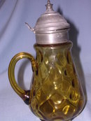 ANTIQUE AMBER THUMBPRINT SYRUP JUG PITCHER WITH PEWTER LID