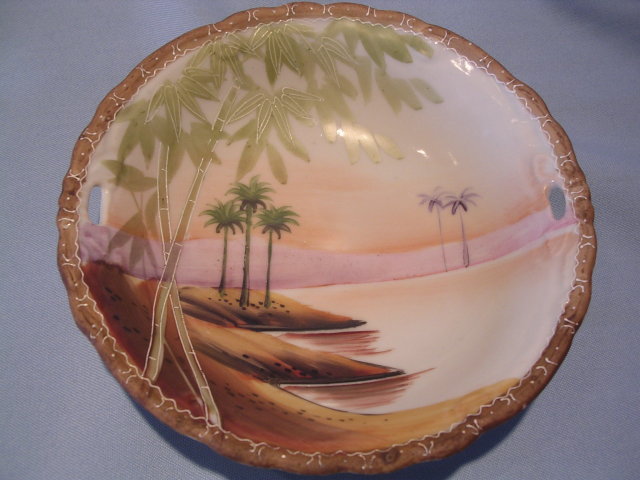 NIPPON DESERT OASIS TORII OPEN HANDLE BOWL c. 1910