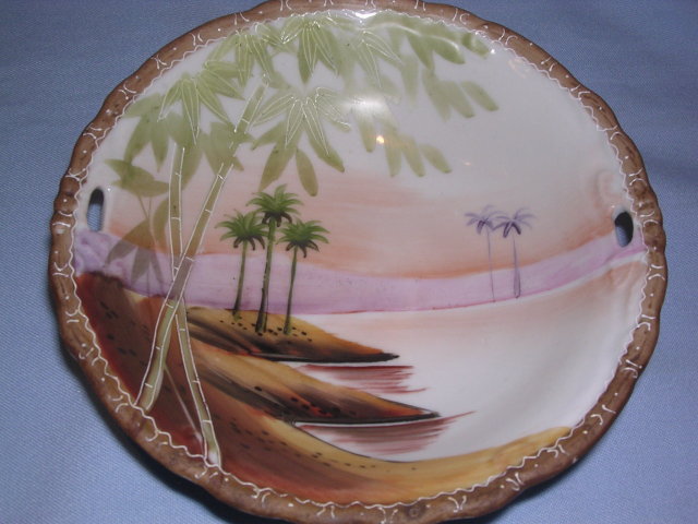 NIPPON DESERT OASIS TORII OPEN HANDLE BOWL c. 1910