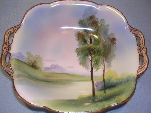 NORITAKE BLUE TREE AND WATER SCENE MORIAGE HANDLED SQUARE DISH GREEN #27 MARK
