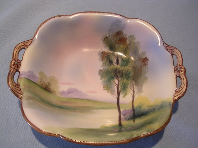 NORITAKE BLUE TREE AND WATER SCENE MORIAGE HANDLED SQUARE DISH GREEN #27 MARK