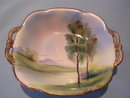 NORITAKE BLUE TREE AND WATER SCENE MORIAGE HANDLED SQUARE DISH GREEN #27 MARK