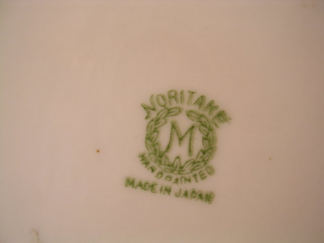 NORITAKE BLUE TREE AND WATER SCENE MORIAGE HANDLED SQUARE DISH GREEN #27 MARK