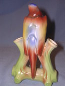 PARROT ON TRIANGULAR LOGS DOUBLE BUD VASE CZECH