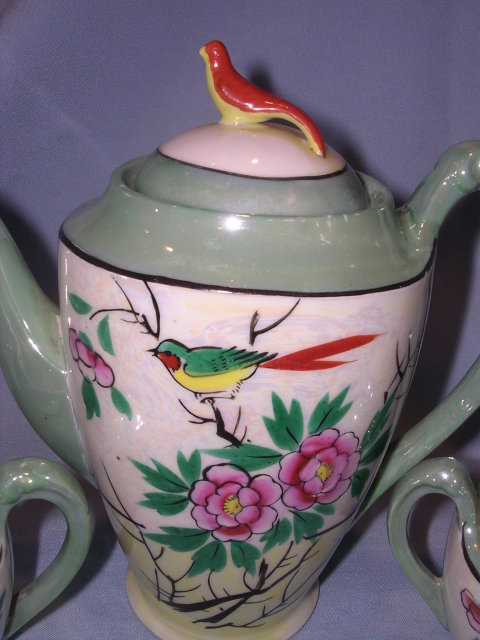 17 PIECE NIPPON TEA SET WITH BIRD FINIALS HAND PAINTED JAPAN