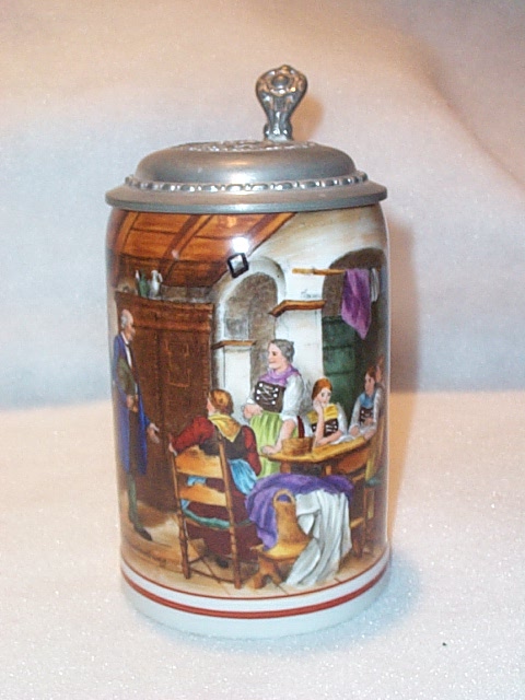 German Porcelain Tavern Scene Stein with Decorated Lid