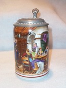 German Porcelain Tavern Scene Stein with Decorated Lid