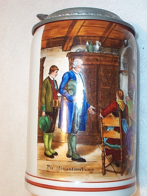 German Porcelain Tavern Scene Stein with Decorated Lid