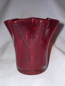 RED RUFFLED TOP HANDBLOWN ART GLASS VASE