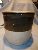 OLD BROWN AND TAN OPEN TOP CROCK 2 GALLON