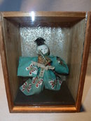 ANTIQUE JAPANESE DOLL WITH SWORD IN WOOD AND GLASS SHADOW BOX