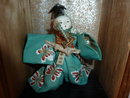 ANTIQUE JAPANESE DOLL WITH SWORD IN WOOD AND GLASS SHADOW BOX