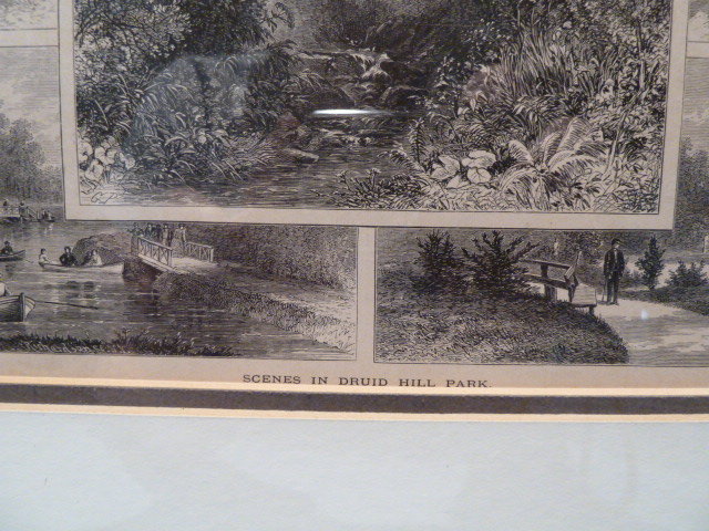 1872 SCENES IN DRUID HILL PARK , BALTIMORE MD, FRAMED WOOD ENGRAVING PRINT