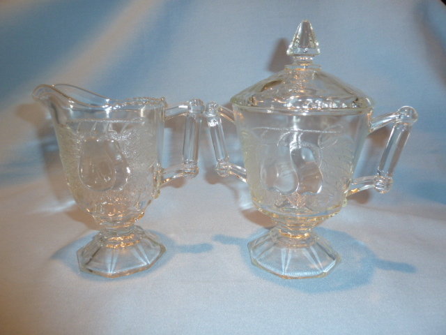 JEANNETTE CHINA CRYSTAL BALTIMORE PEAR CREAMER AND COVERED SUGAR SET