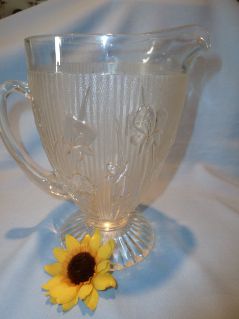 CLEAR JEANNETTE IRIS & HERRINGBONE LARGE FOOTED PITCHER CRYSTAL