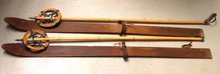 Antique Wood Child Youth Skis w/ Leather Straps & Bamboo & Leather Ski Poles