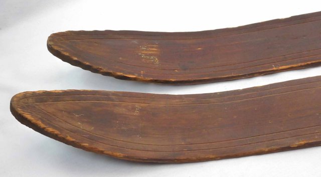 Antique Wood Child Youth Skis w/ Leather Straps & Bamboo & Leather Ski Poles