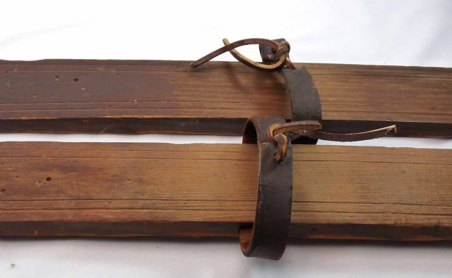 Antique Wood Child Youth Skis w/ Leather Straps & Bamboo & Leather Ski Poles