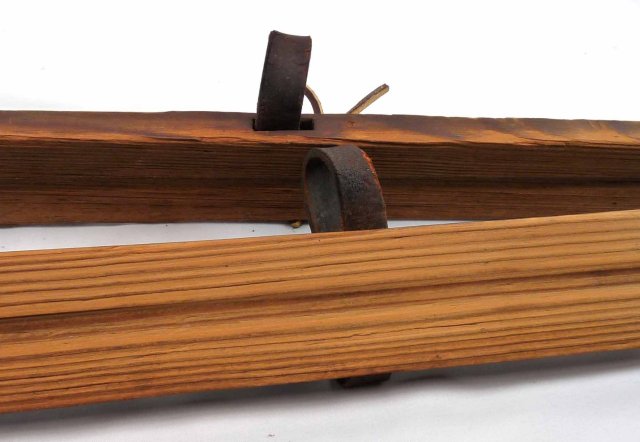 Antique Wood Child Youth Skis w/ Leather Straps & Bamboo & Leather Ski Poles