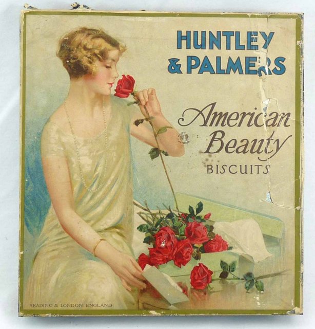 Antique HUNTLEY & PALMERS AMERICAN BEAUTY Rose Biscuit Tin England
