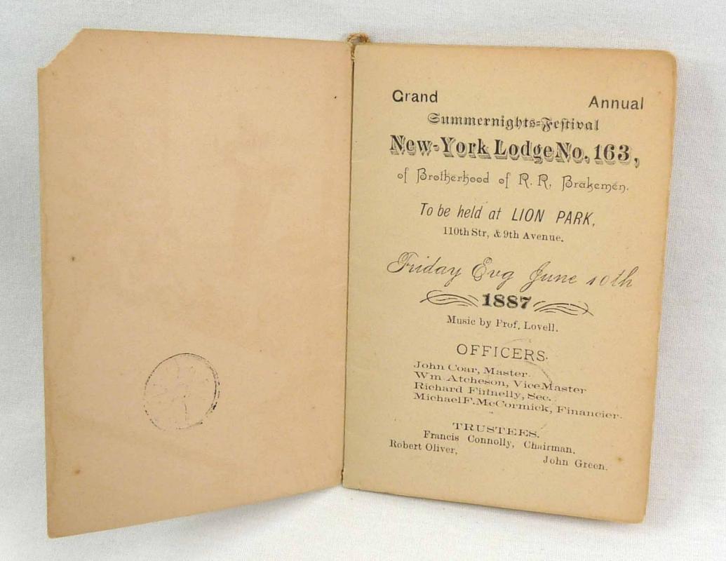 1887 Train Brotherhood of Railroad Brakemen New York Lodge 163 Festival Booklet