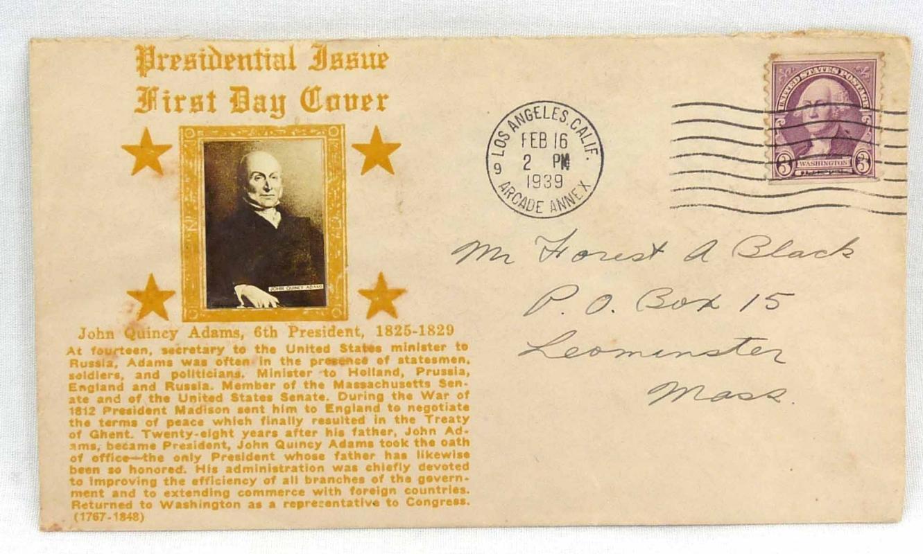 1939 JOHN QUINCY ADAMS Presidential Issue First Day Cover Envelope w/ B&W Photo