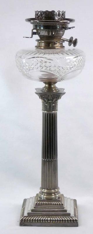 Antique HAWKSWORTH EYRE Silver & Cut Glass Corinthian Column Oil Lamp Hink's