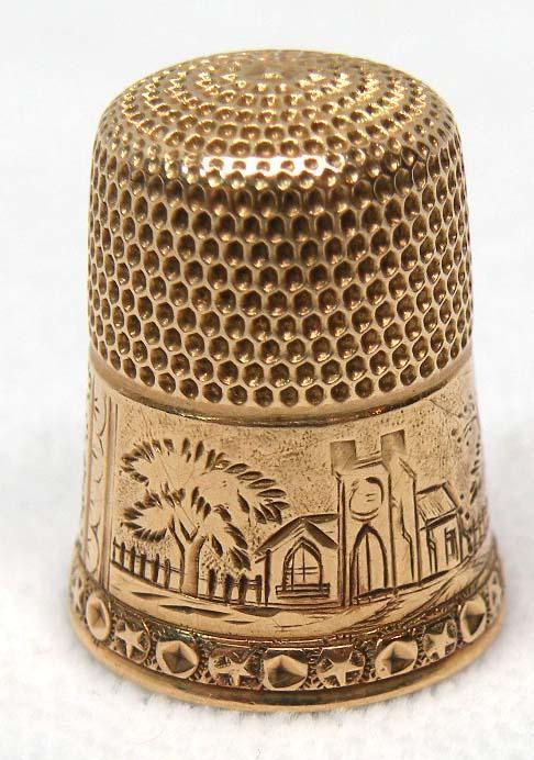 1880's Simons 14K GOLD Thimble Landscape Scene Village