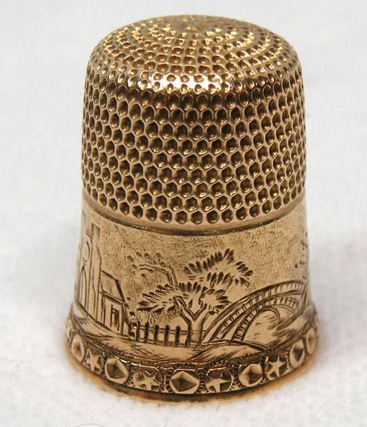 1880's Simons 14K GOLD Thimble Landscape Scene Village