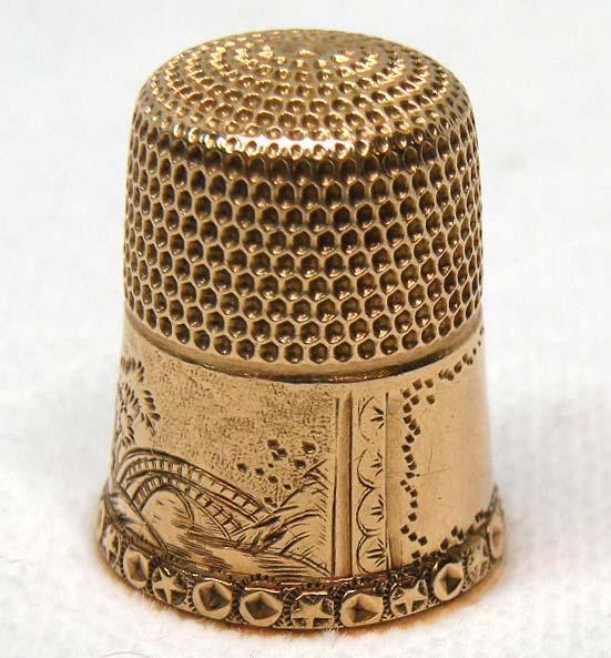 1880's Simons 14K GOLD Thimble Landscape Scene Village