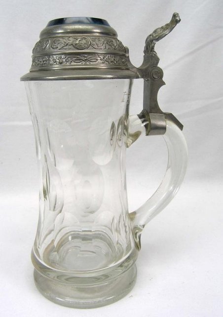 Cut Glass Beer Stein Pewter & Blue Glass Lid Enamel