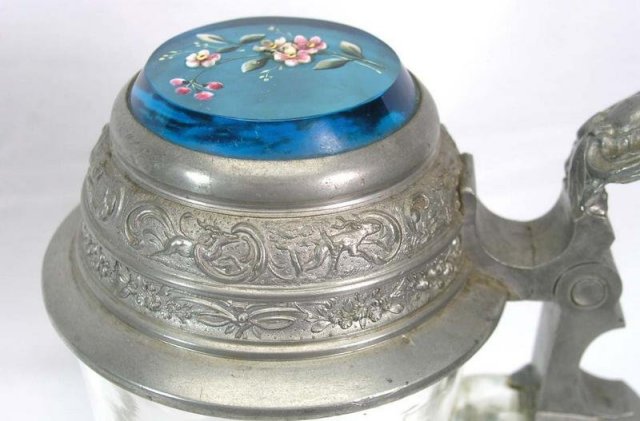 Cut Glass Beer Stein Pewter & Blue Glass Lid Enamel