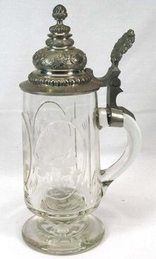 Antique Cut Glass & Etched Beer Stein w/ Pewter Lid