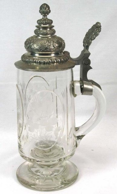 Antique Cut Glass & Etched Beer Stein w/ Pewter Lid