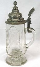 Antique Cut Glass & Etched Beer Stein w/ Pewter Lid