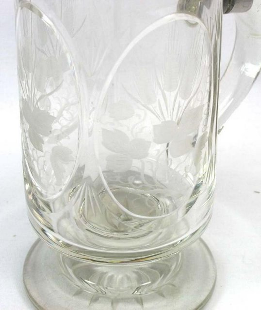 Antique Cut Glass & Etched Beer Stein w/ Pewter Lid