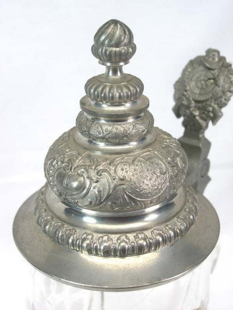 Antique Cut Glass & Etched Beer Stein w/ Pewter Lid