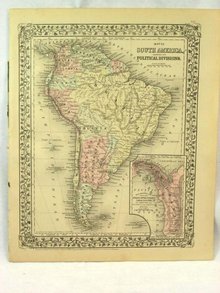 1880 Mitchell's Atlas Map SOUTH AMERICA VENEZUELA PERU