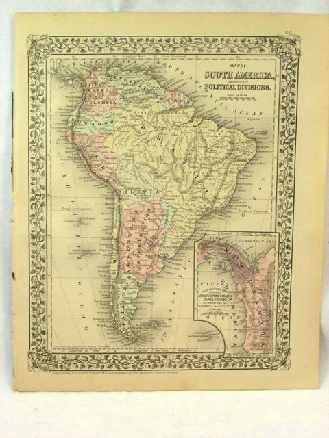 1880 Mitchell's Atlas Map SOUTH AMERICA VENEZUELA PERU