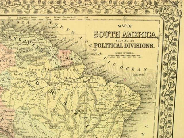 1880 Mitchell's Atlas Map SOUTH AMERICA VENEZUELA PERU