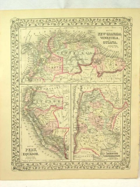 1880 Mitchell's Atlas Map SOUTH AMERICA VENEZUELA PERU