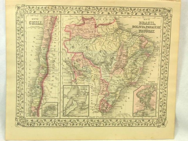 1880 Mitchell's Atlas Map CHILI BRAZIL BOLIVA EUROPE