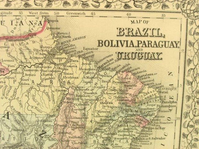 1880 Mitchell's Atlas Map CHILI BRAZIL BOLIVA EUROPE